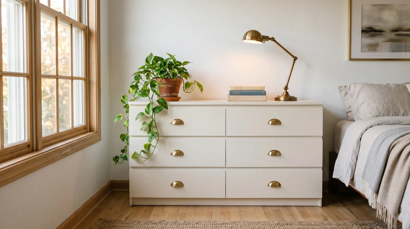 Painted laminate dresser in a sunlit bedroom corner with brass pulls and a small planter on top