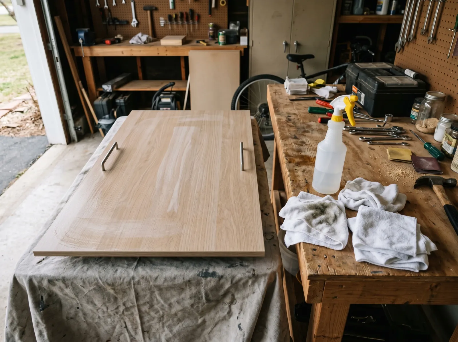 Laminate drawer face cleaned with degreaser, drying on a drop cloth