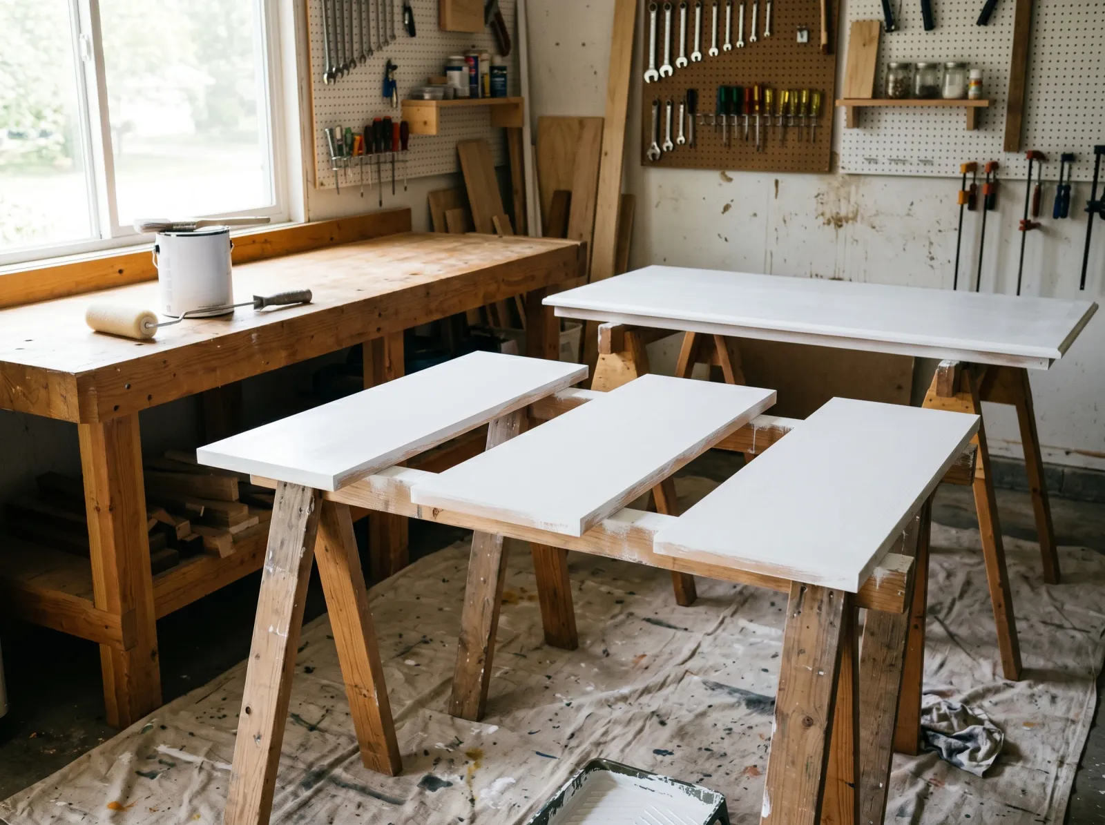 Laminate dresser components after a single coat of white bonding primer, drying on sawhorses