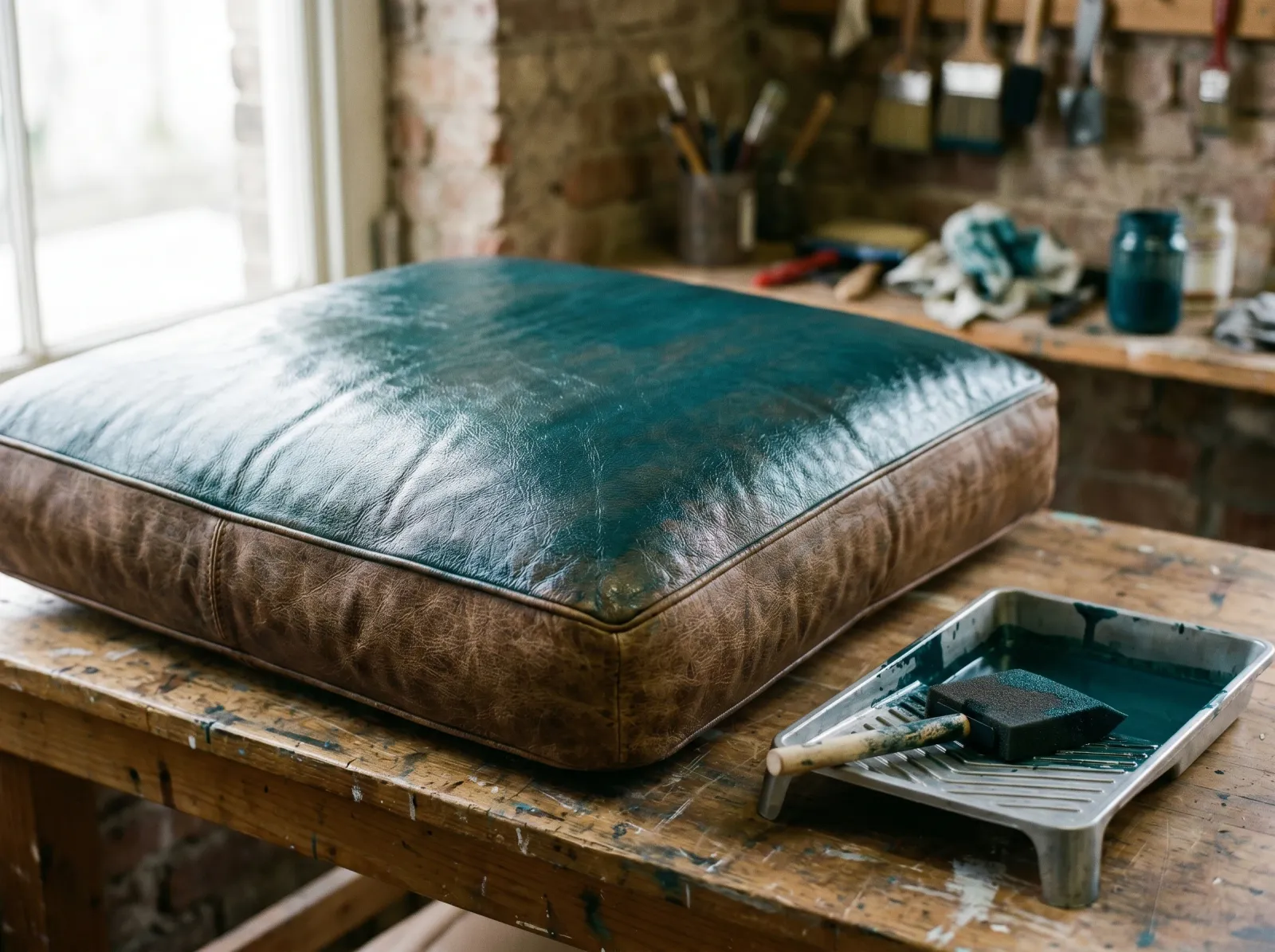 Leather cushion with a first thin flexible color coat drying