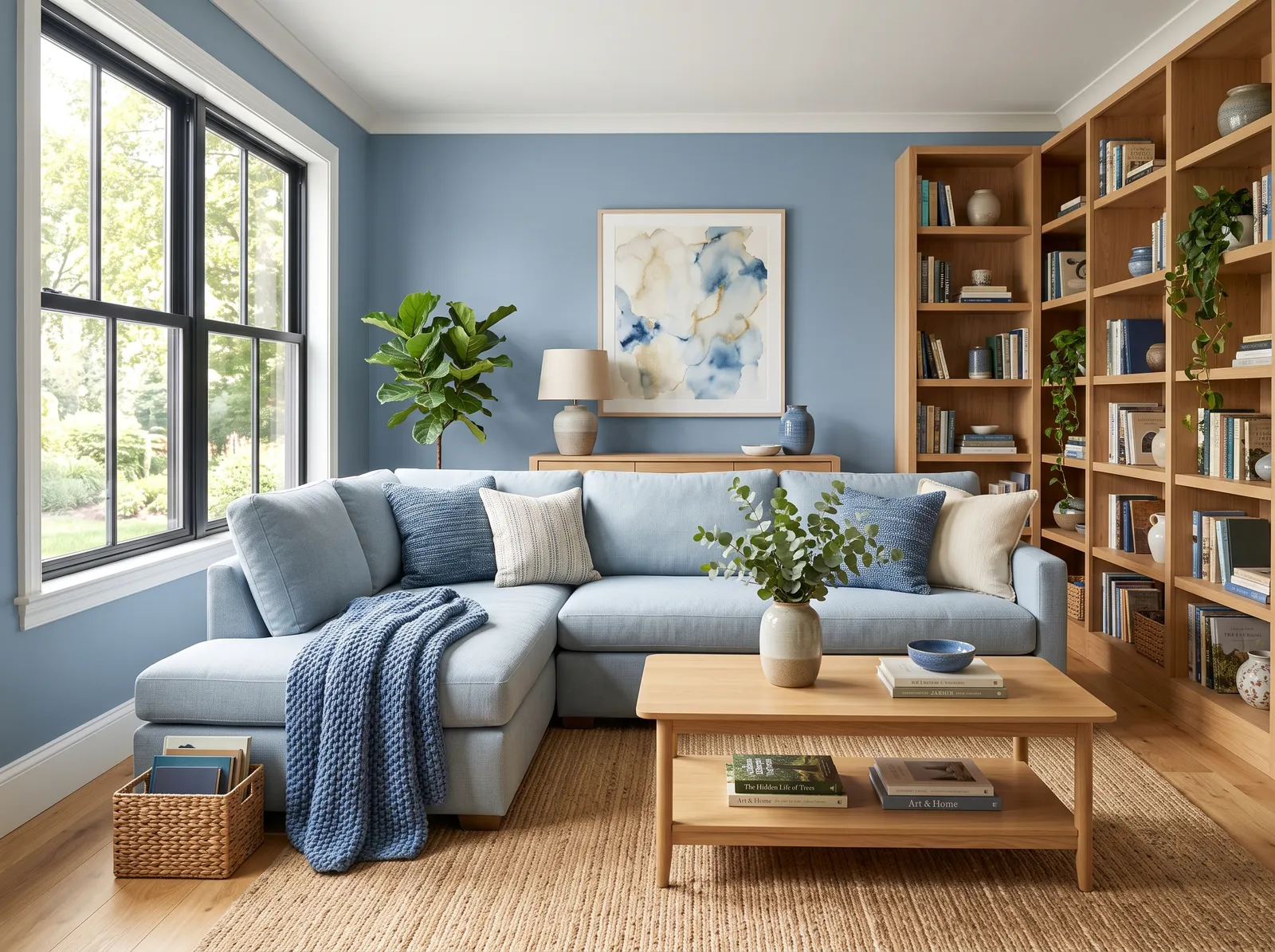 Blue painted in Silhouette — Dusty Blue and Oak