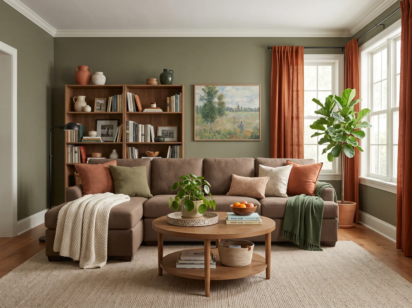 Brown Furniture painted in Herb Cornucopia — Muted Olive Walls With a Brown Sofa