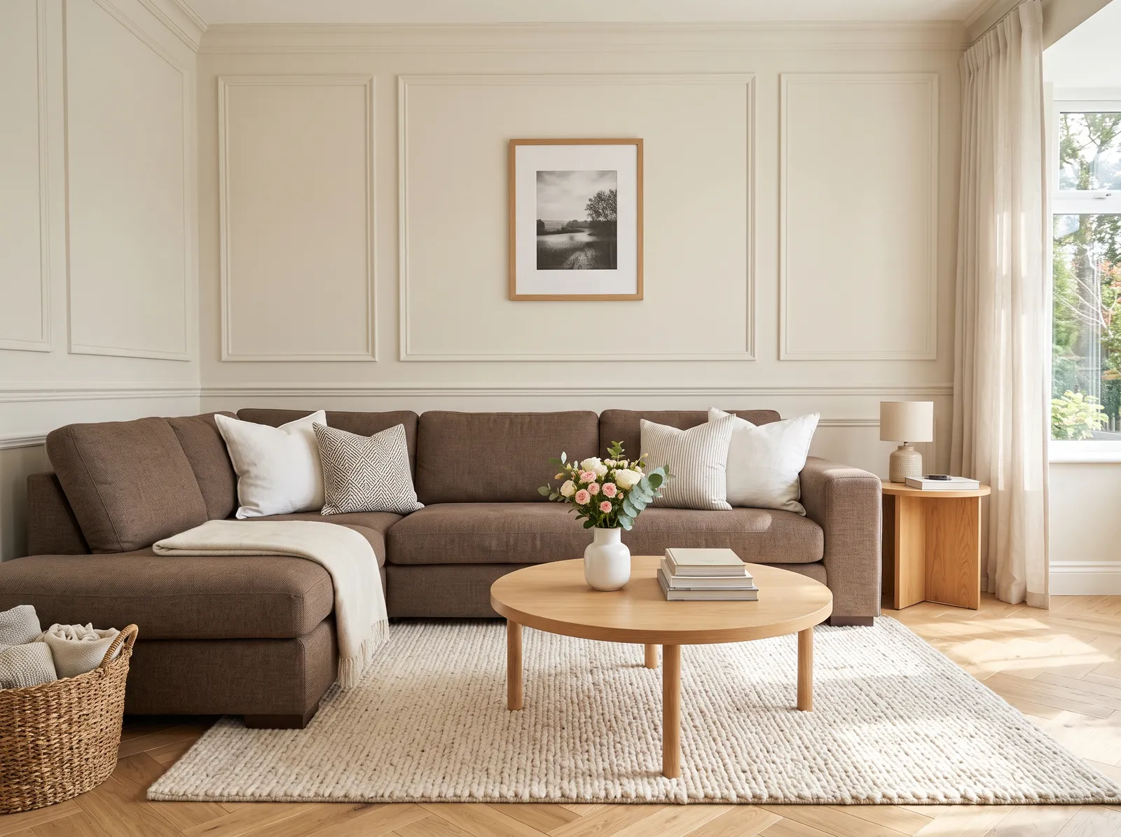 Brown Furniture painted in Tender Cloud — Soft Cream Walls With a Brown Sectional