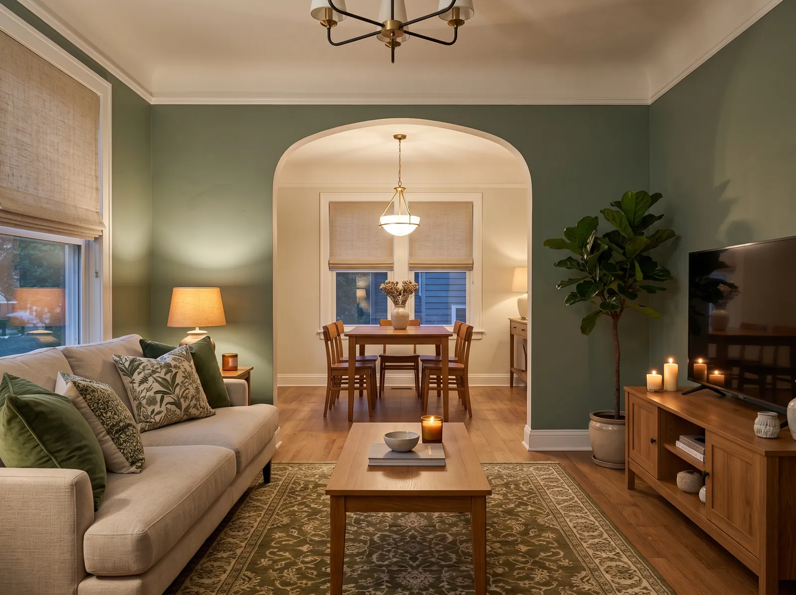 Green painted in Secret Path — Earthy Green, Open to the Dining Room