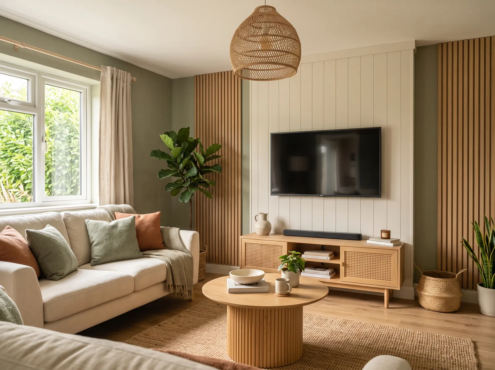 Green painted in Agreeable Green — Sage Accent Wall With Terracotta Touches