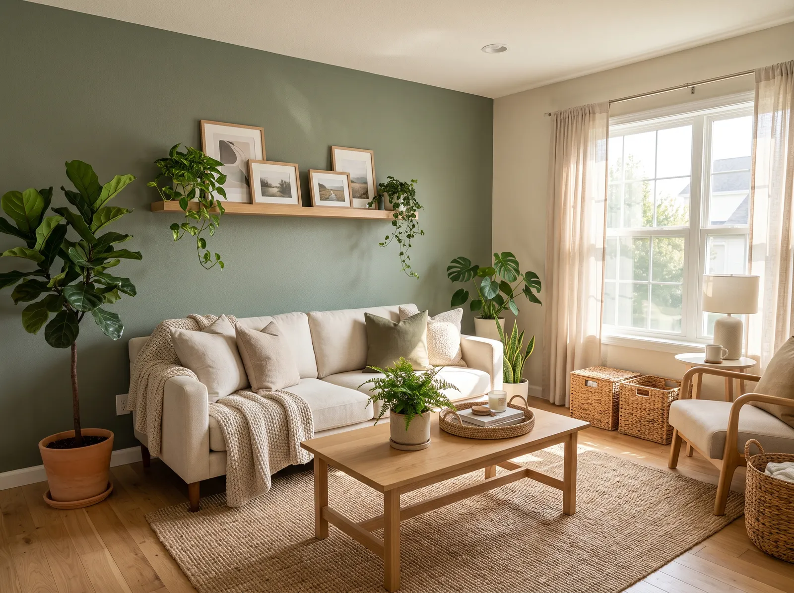 Green painted in Homegrown Sage — Deeper Sage Behind a Cream Sofa