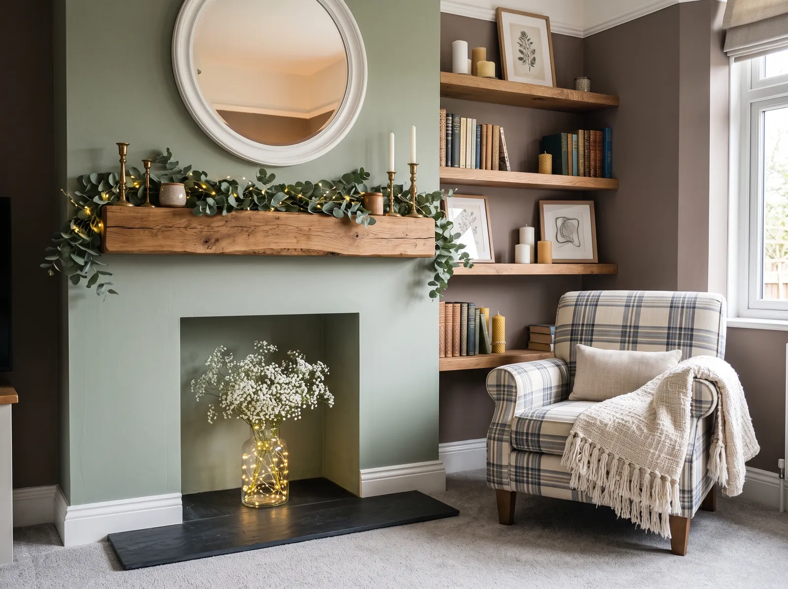 Green painted in Smoke & Ash — Gray-Green Fireplace Wall