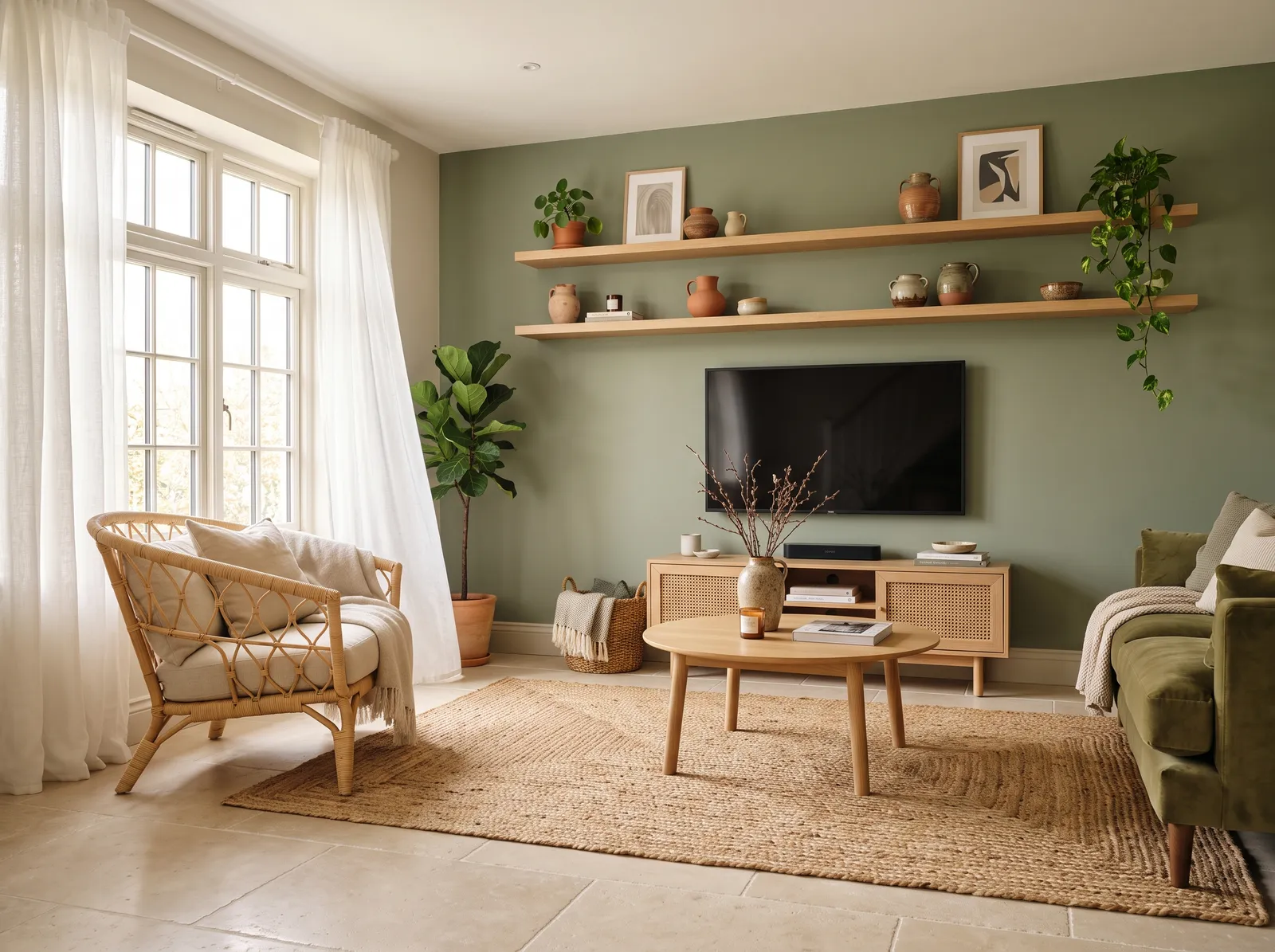 Green painted in Army Fatigue Green — Olive-Sage With a Velvet Sofa