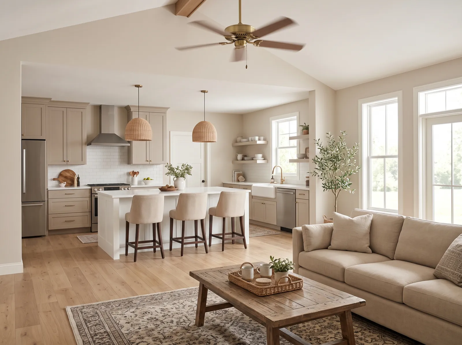 Open-Plan painted in Asiago — Warm Greige With Taupe Cabinets