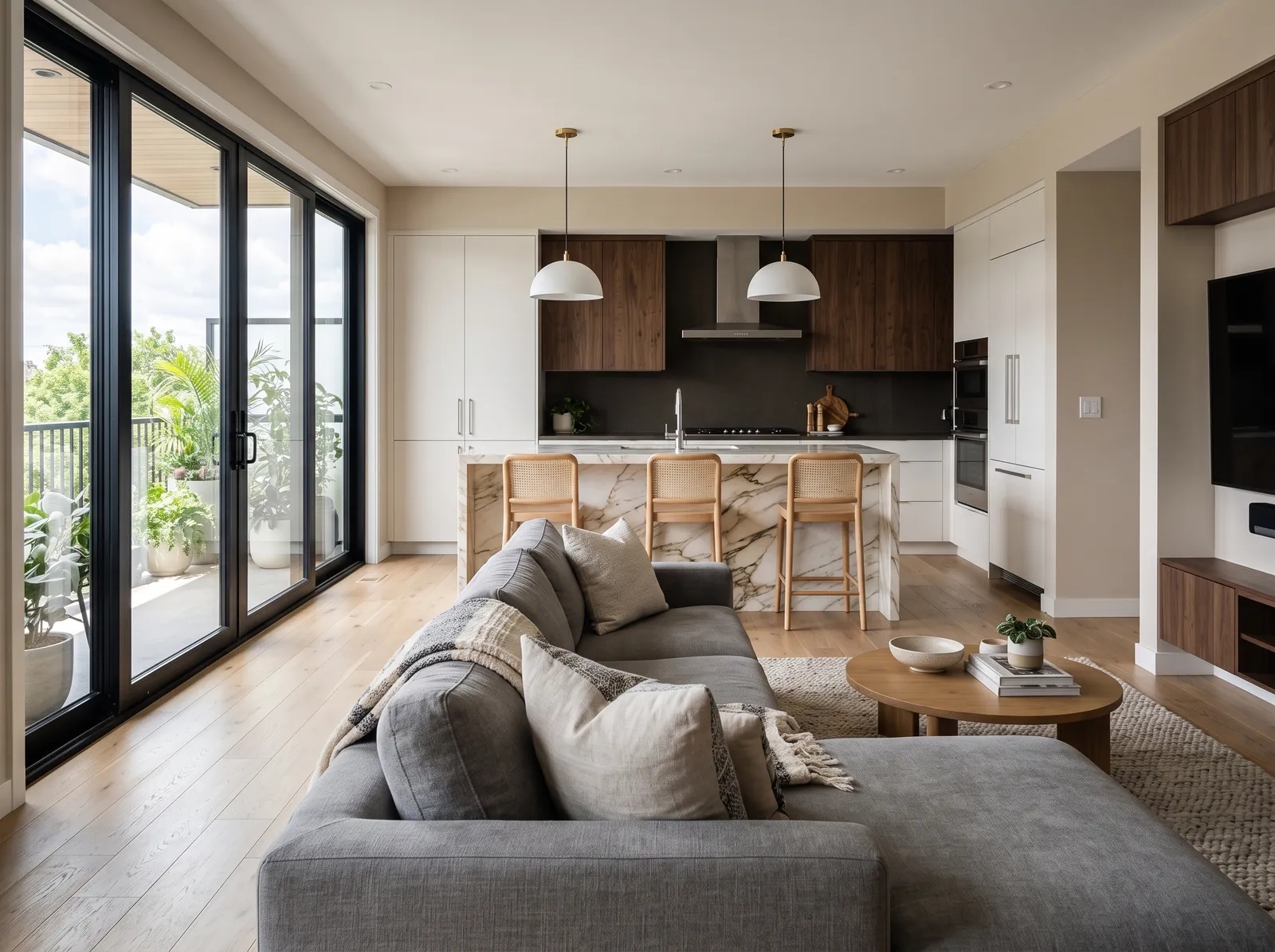 Open-Plan painted in Symmetry — Soft Greige, Bright Kitchen