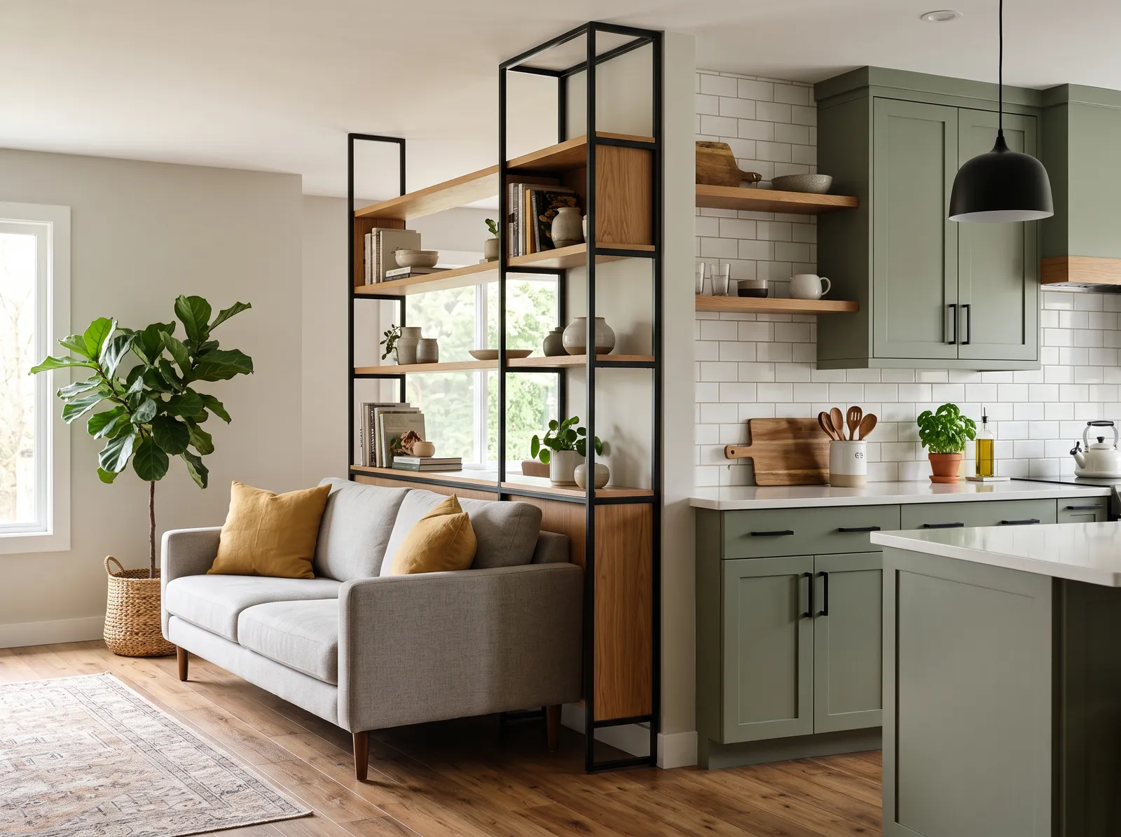 Open-Plan painted in Secret Path — Sage Cabinets, Soft Grey Walls