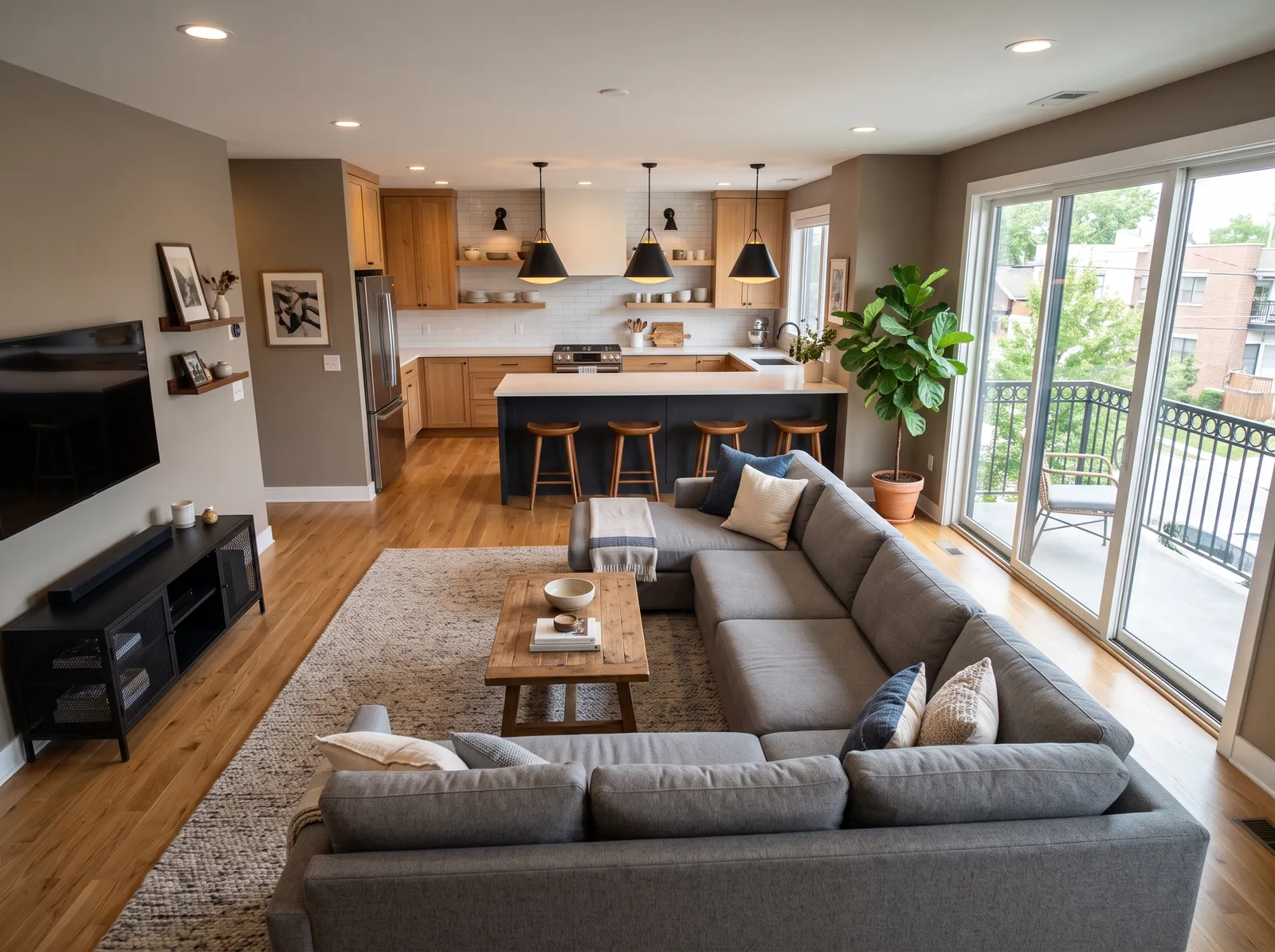 Open-Plan painted in Vintage Oak — Mushroom Taupe and Black Island