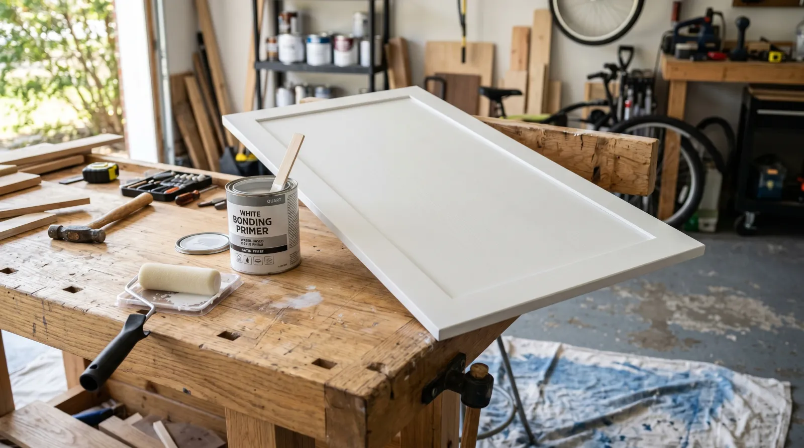 Freshly painted melamine cabinet door drying on a workbench beside a foam roller and a quart of bonding primer