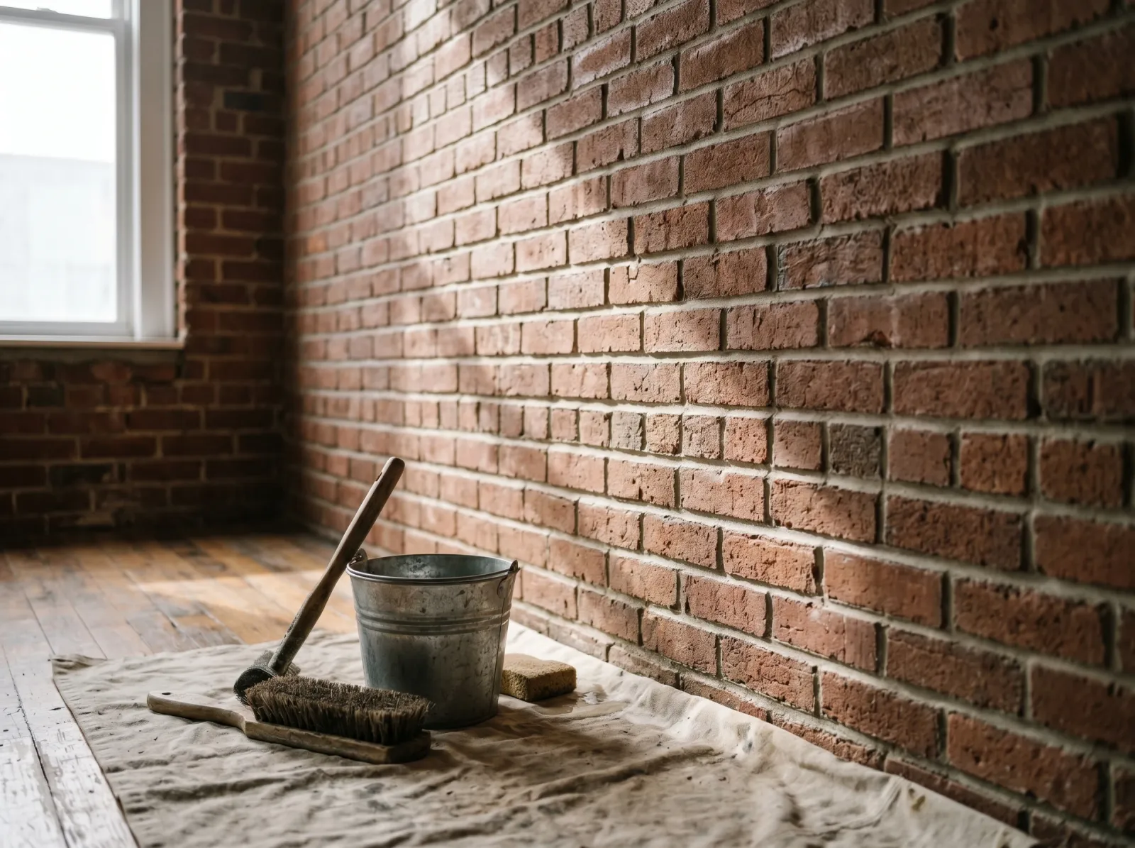 Bare brick wall after cleaning with crisp dust-free mortar joints