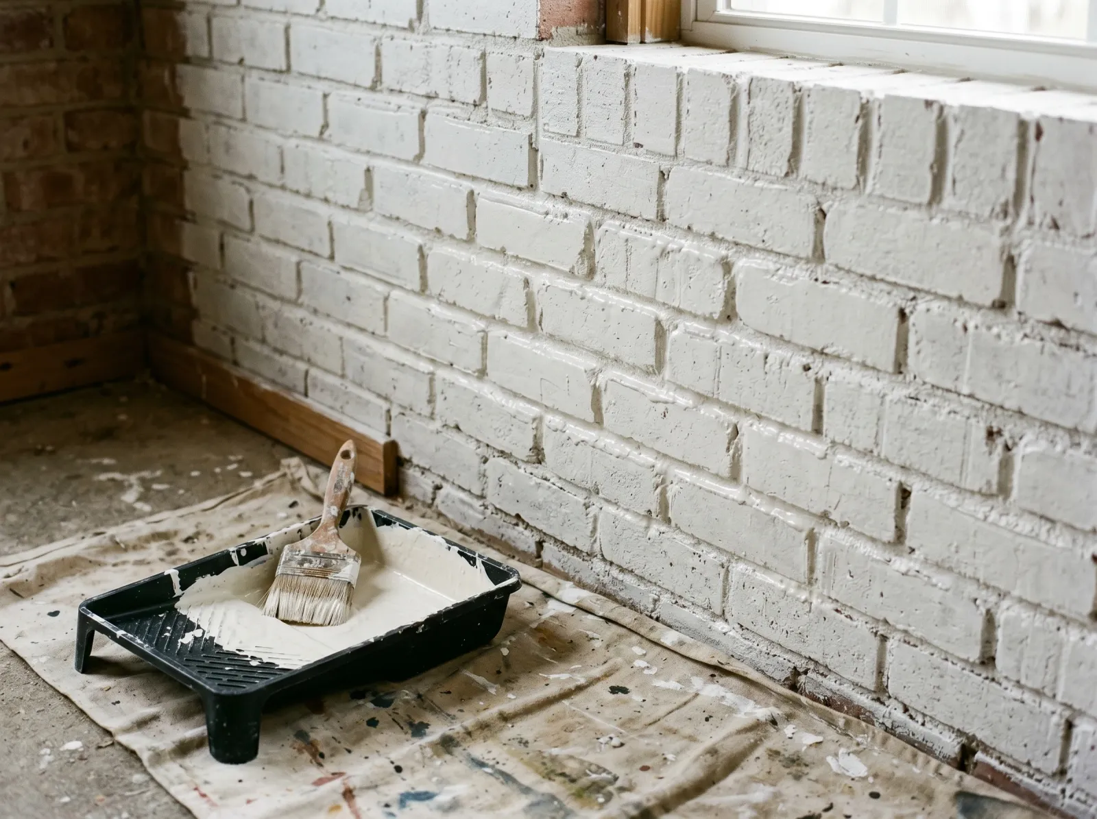 Brick wall primed white with mortar joints brushed full of primer
