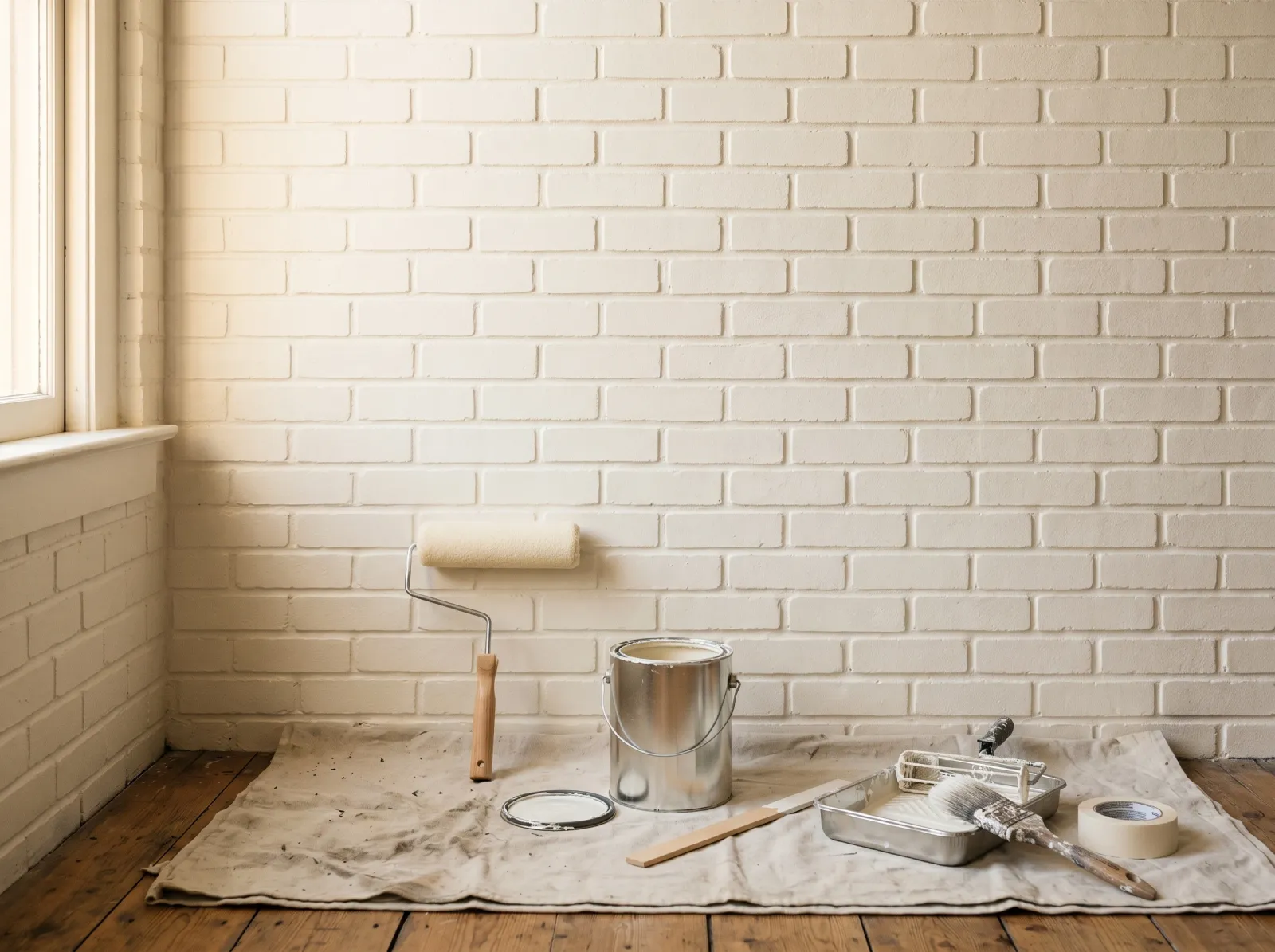 Finished painted brick wall in white with mortar joints fully covered