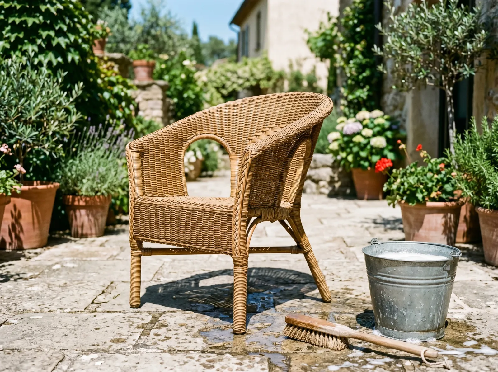 Clean natural wicker chair drying in sunlight after washing
