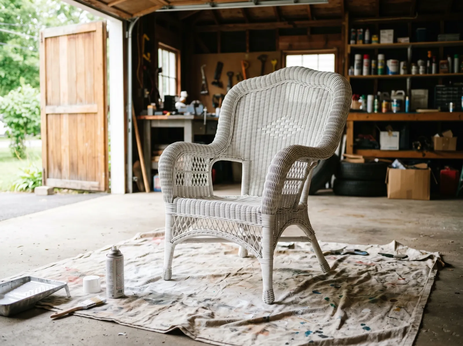 Wicker chair sprayed with a thin white bonding primer, weave still open