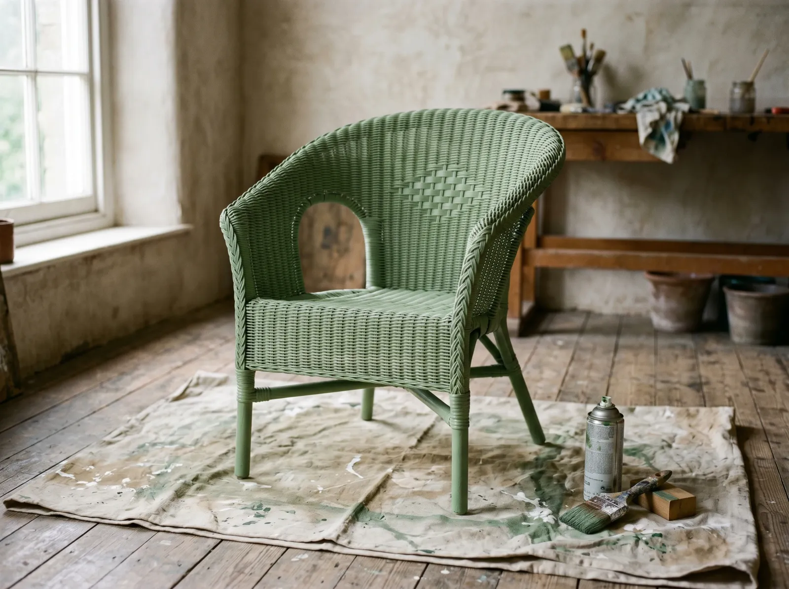 Wicker chair with a first green spray coat drying on a drop cloth