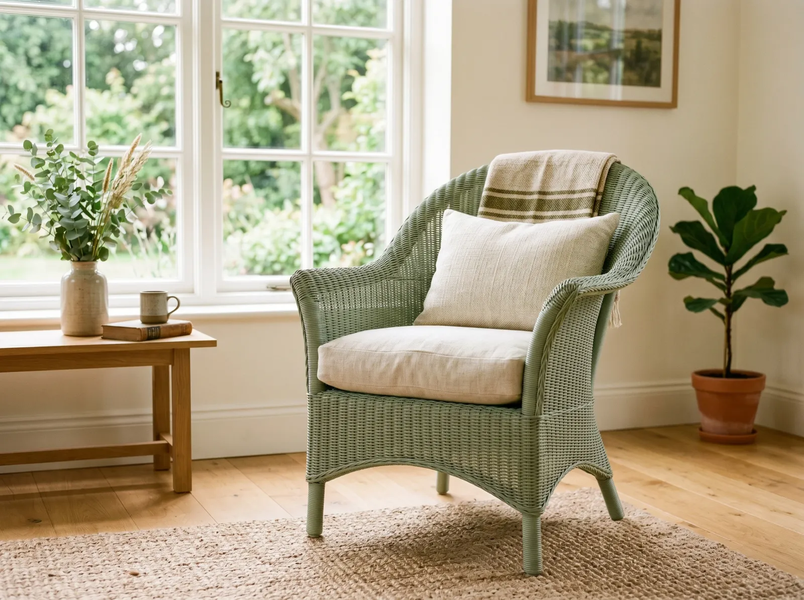 Finished green painted wicker chair styled in a bright room
