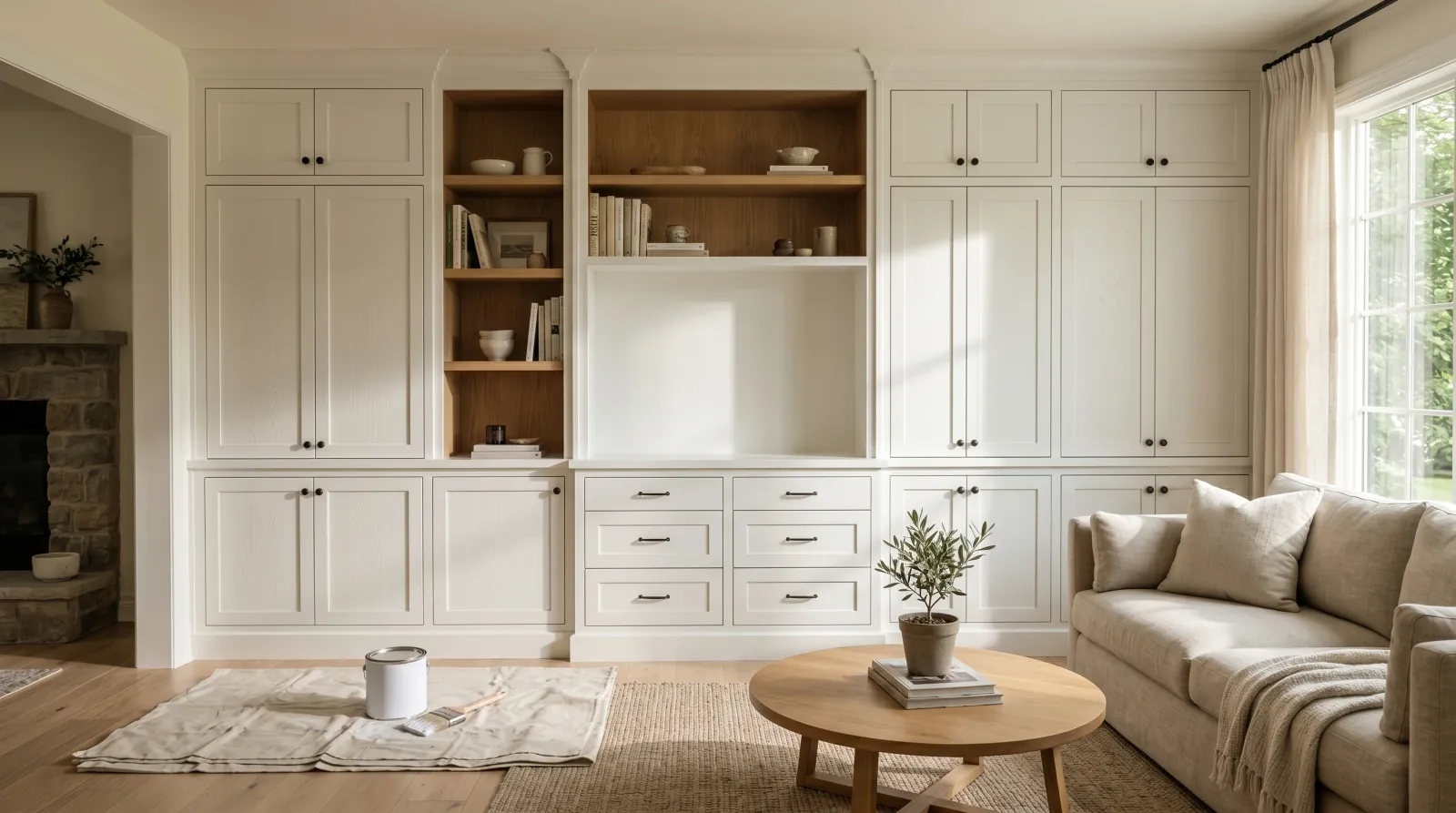 White-painted oak built-in cabinets in raking daylight, open grain still visible under satin finish
