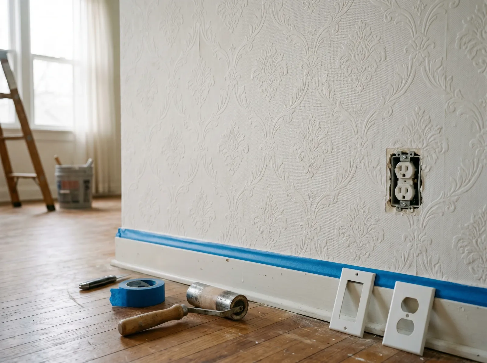 Paintable wallpaper wall prepped with seams rolled, cover plates off, baseboard taped