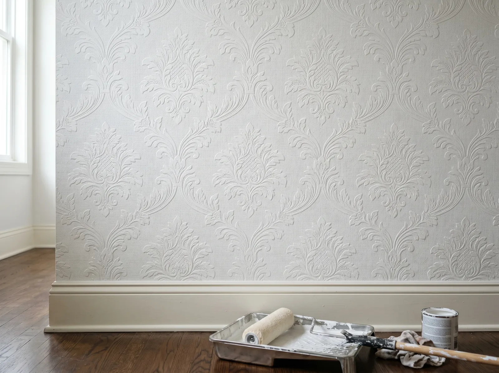 Embossed paintable wallpaper after a thin primer coat with the raised texture still crisp