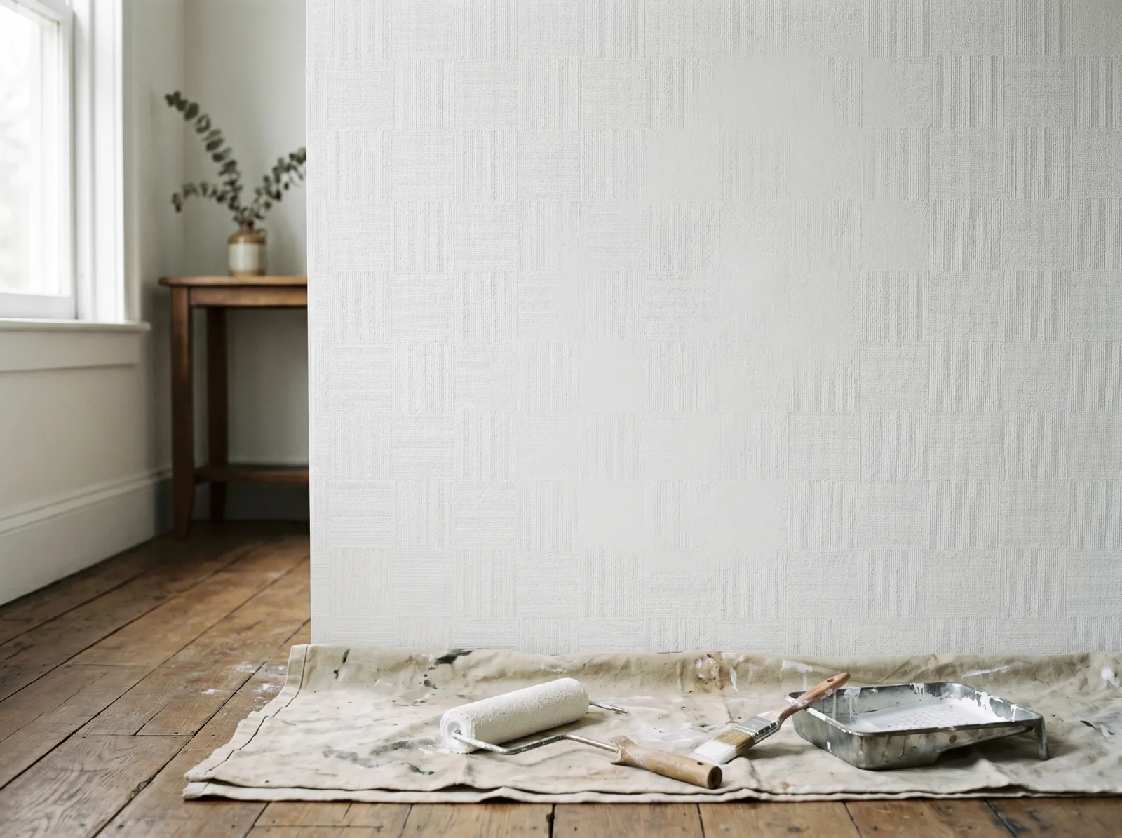Paintable wallpaper wall with first flat finish coat drying, even texture