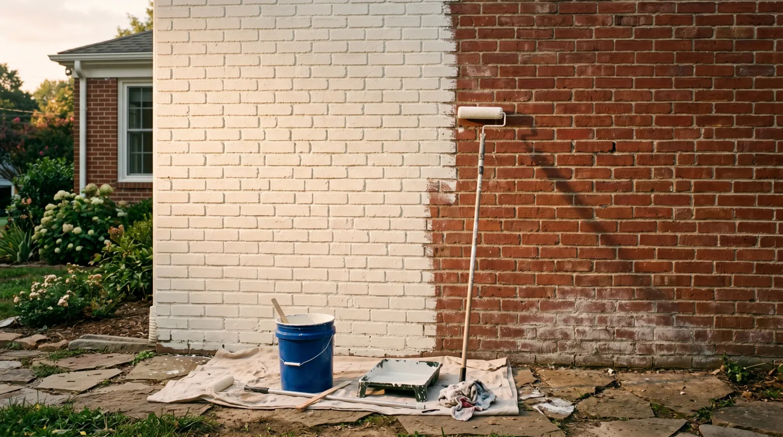 Brick masonry wall mid-paint job with one section painted white and the adjacent section still bare red brick