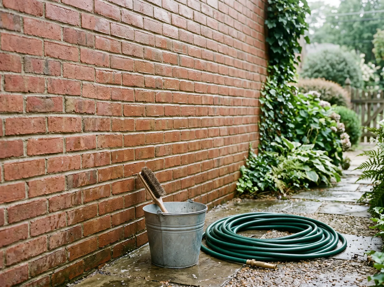 Brick wall after efflorescence removal and washing, surface clean and uniform