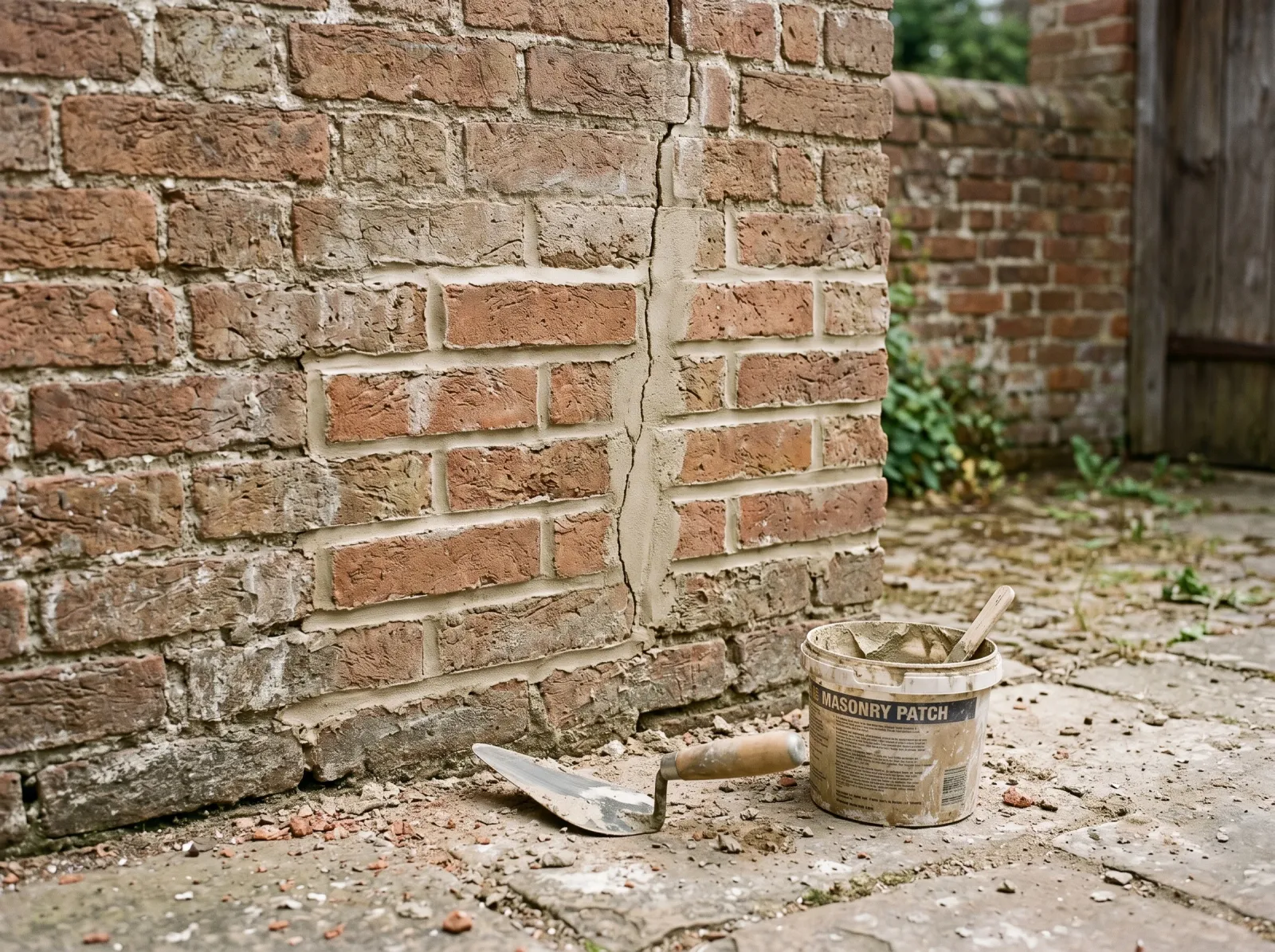 Brick wall with repointed mortar joints and a filled crack before priming