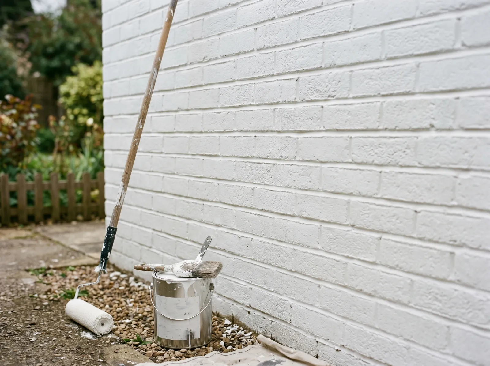 Brick wall after one coat of white alkali-resistant masonry primer