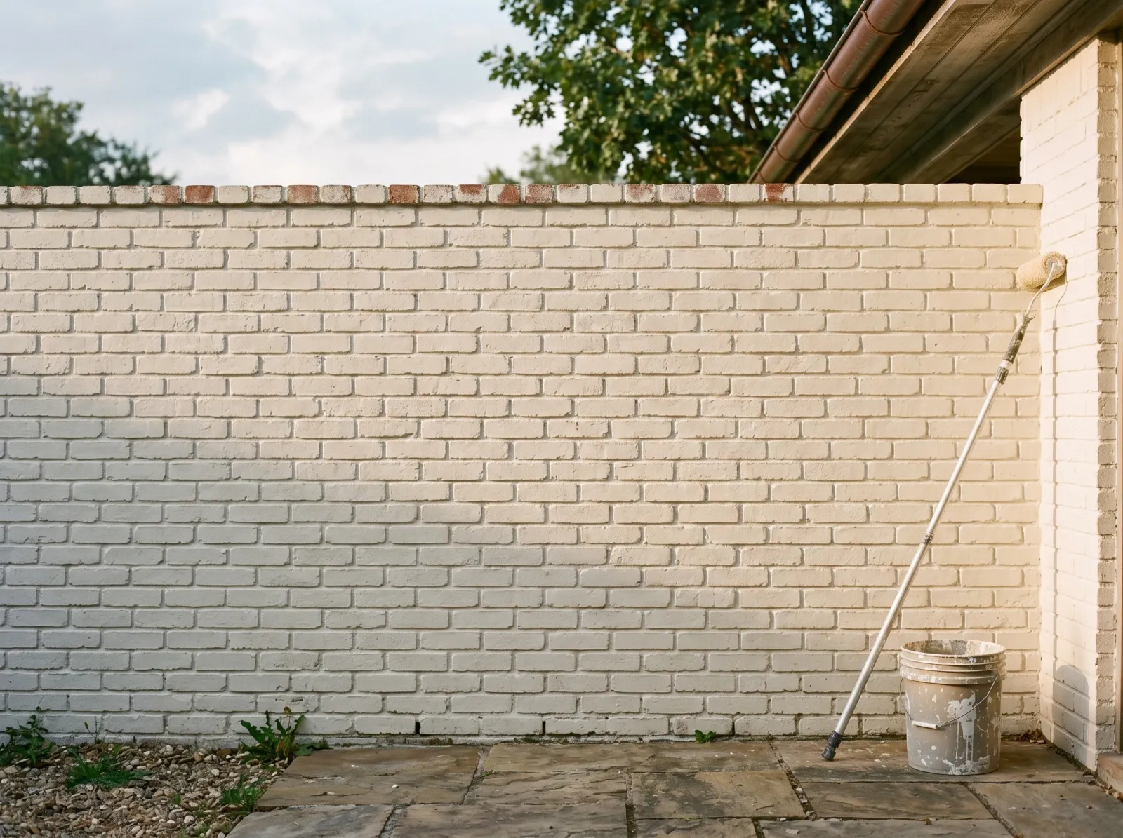 Finished painted brick wall in warm white with mortar lines reading through