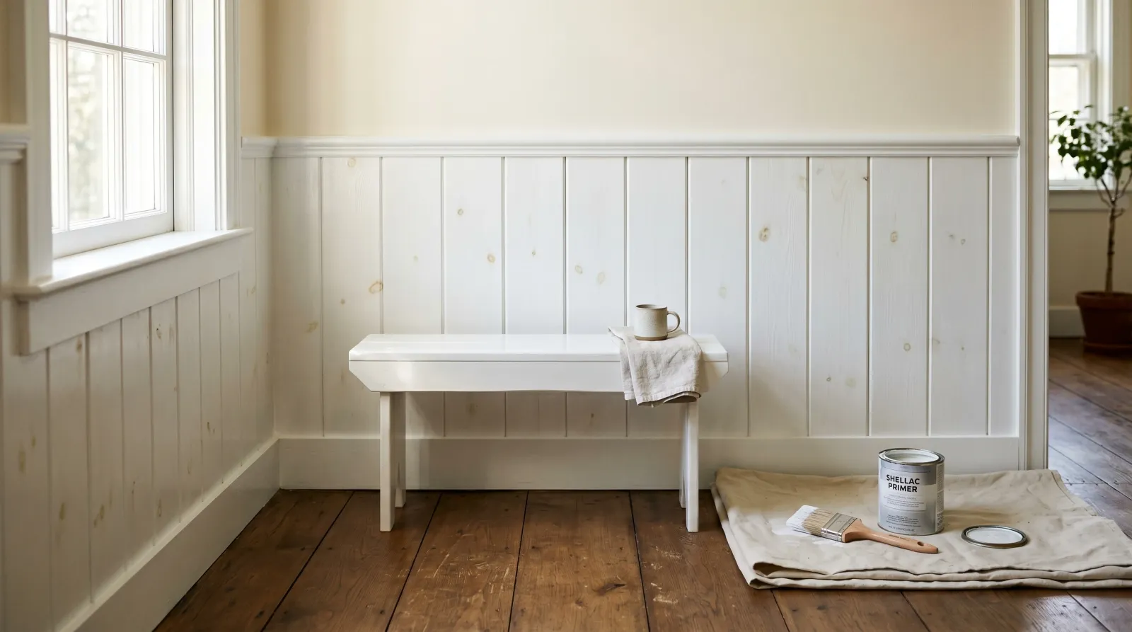 Freshly painted white knotty pine wainscot and bench in raking daylight