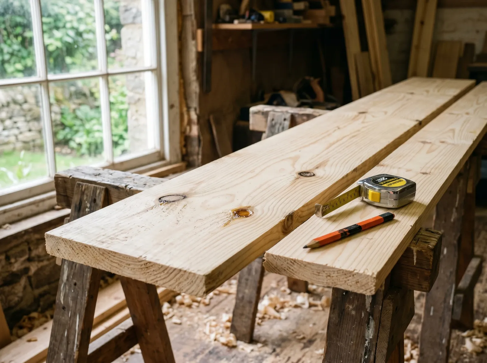 Bare plantation pine board with visible knots and amber sap pockets