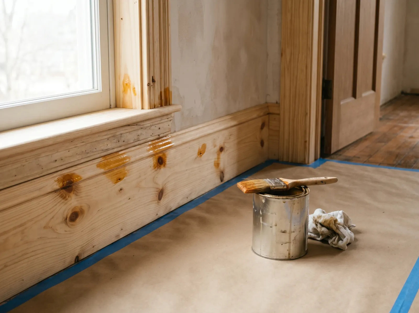 Pine trim with shellac primer dabbed on every knot and sap pocket