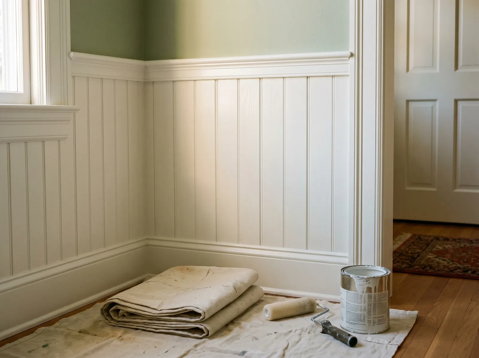 Finished satin-white pine wainscot and trim, two coats cured