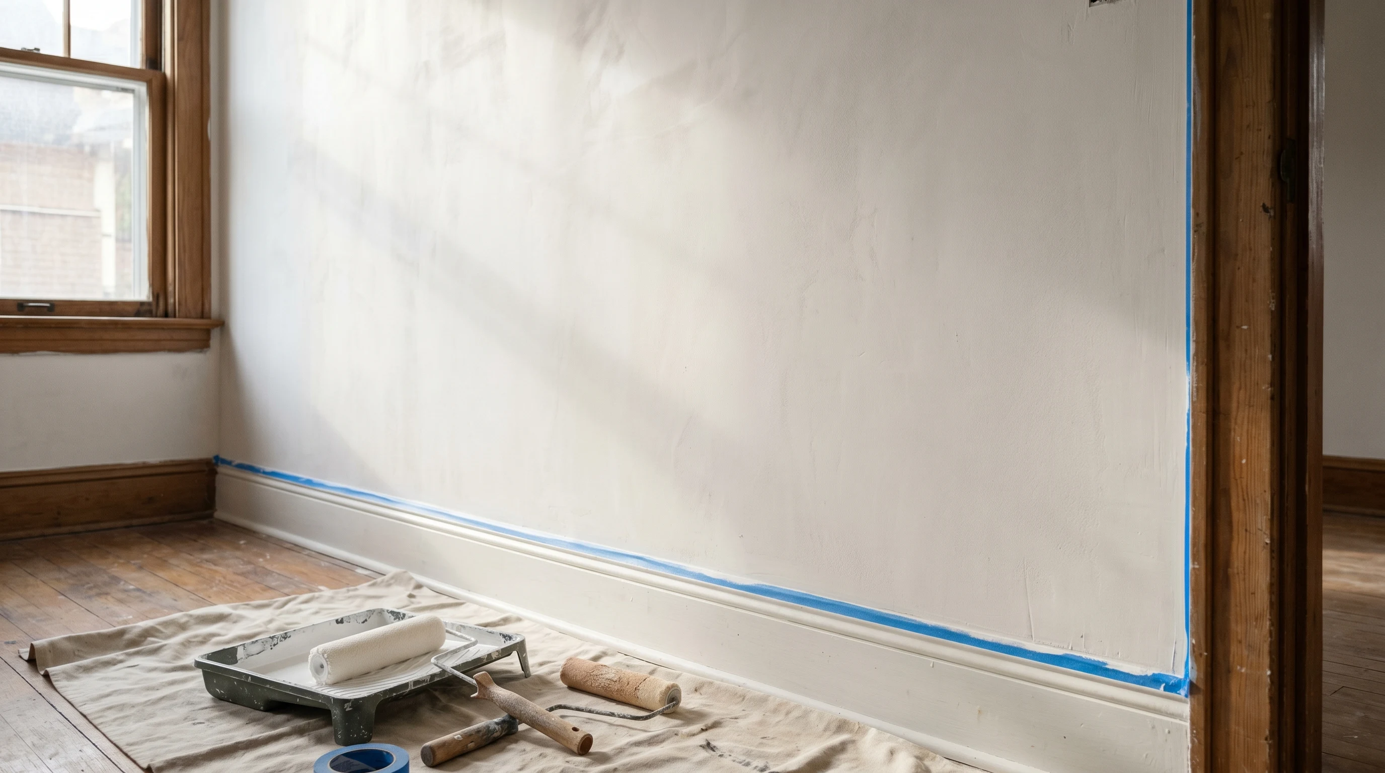 Freshly skim-coated plaster wall being prepped for primer in an older home interior