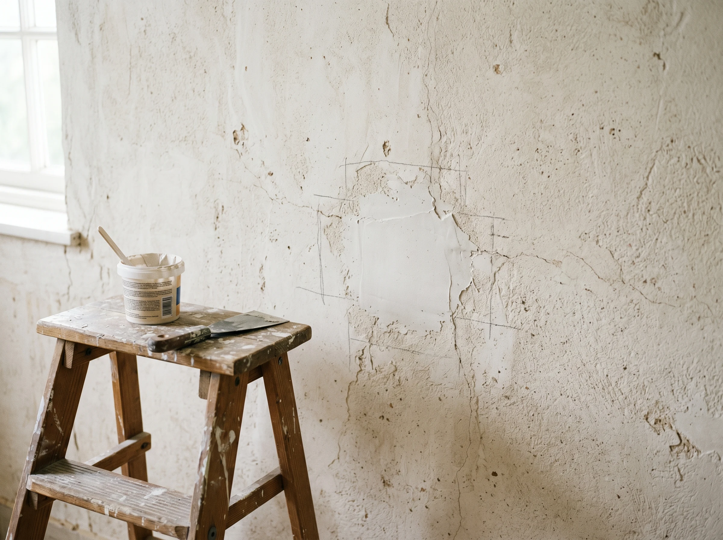 Plaster wall with hairline cracks chased out and patched with joint compound