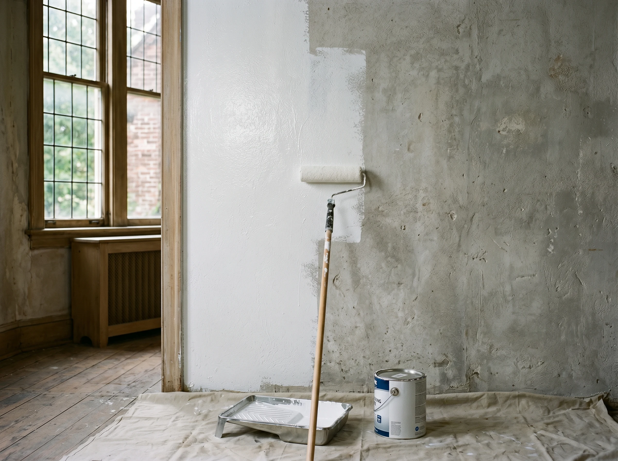 Stain-blocking primer being rolled onto a chalky plaster wall
