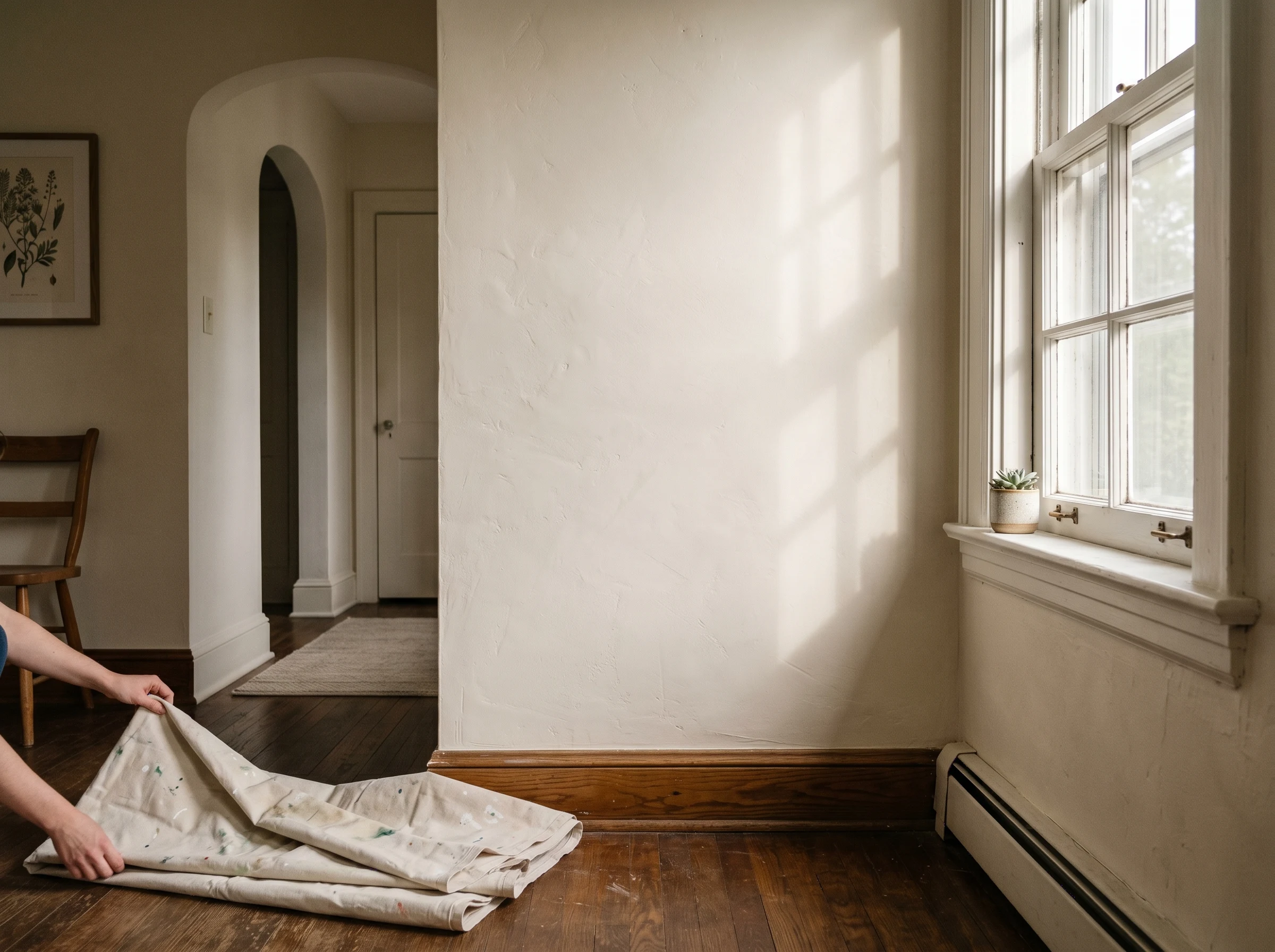 Finished painted plaster wall in soft afternoon light