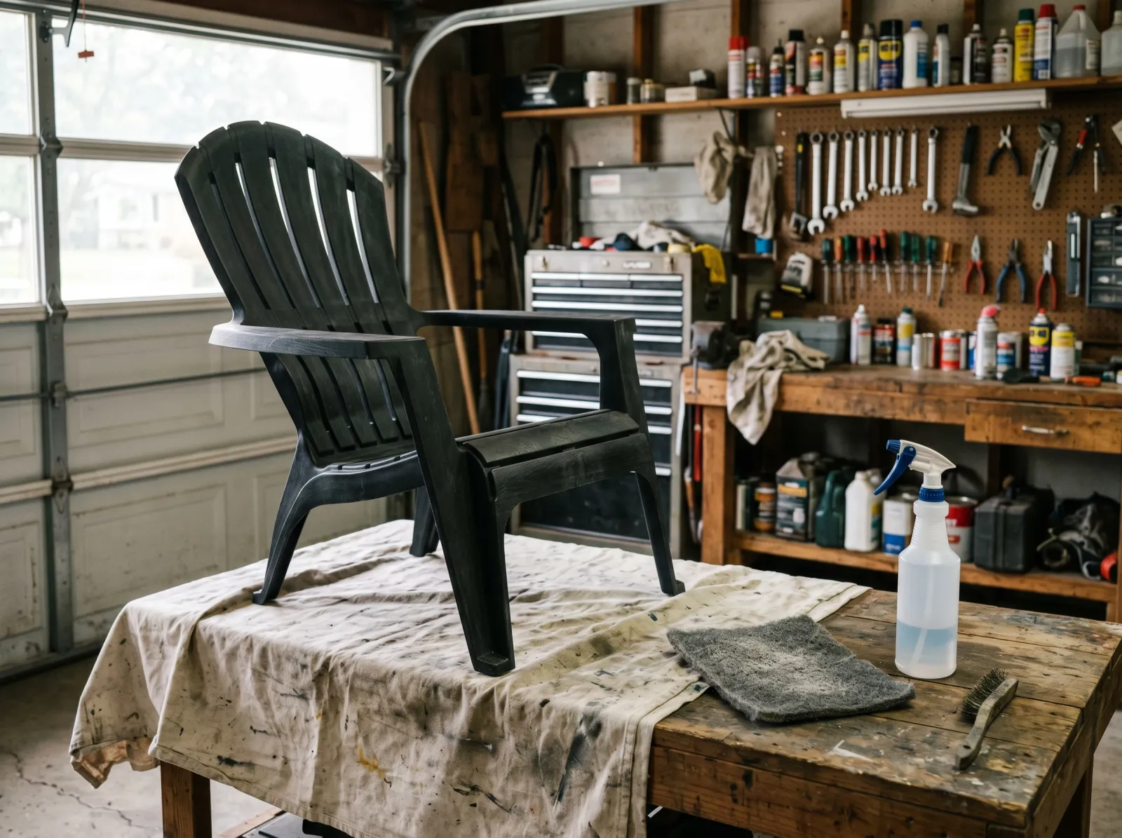Black plastic chair scuffed to a dull matte finish with a scuff pad beside it