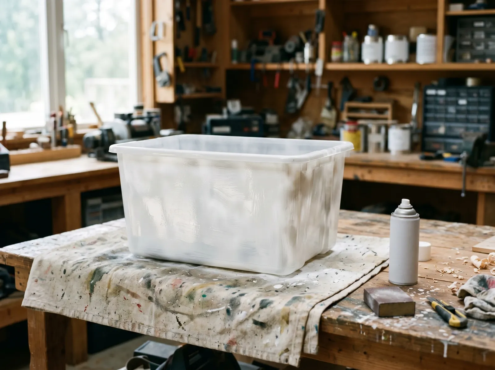Plastic bin with a first thin white color coat drying on a drop cloth