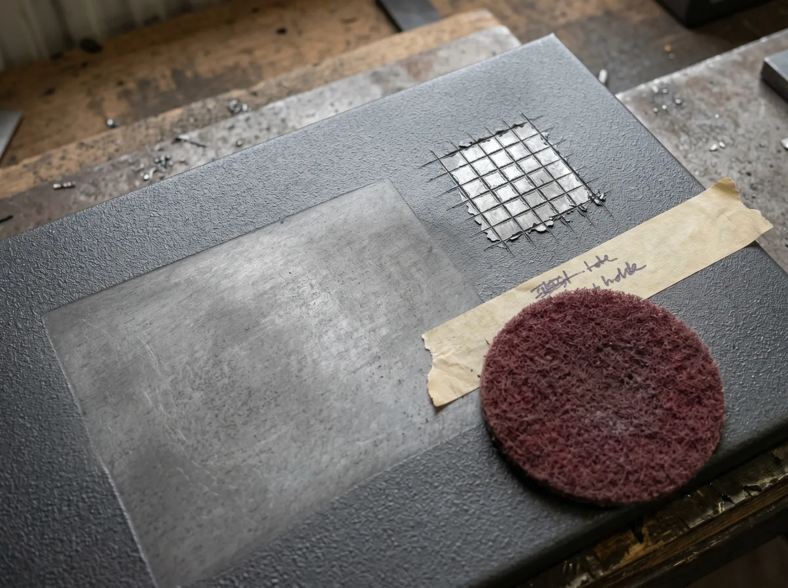 Plastisol panel with a cross-hatch adhesion test and a scuffed matte section