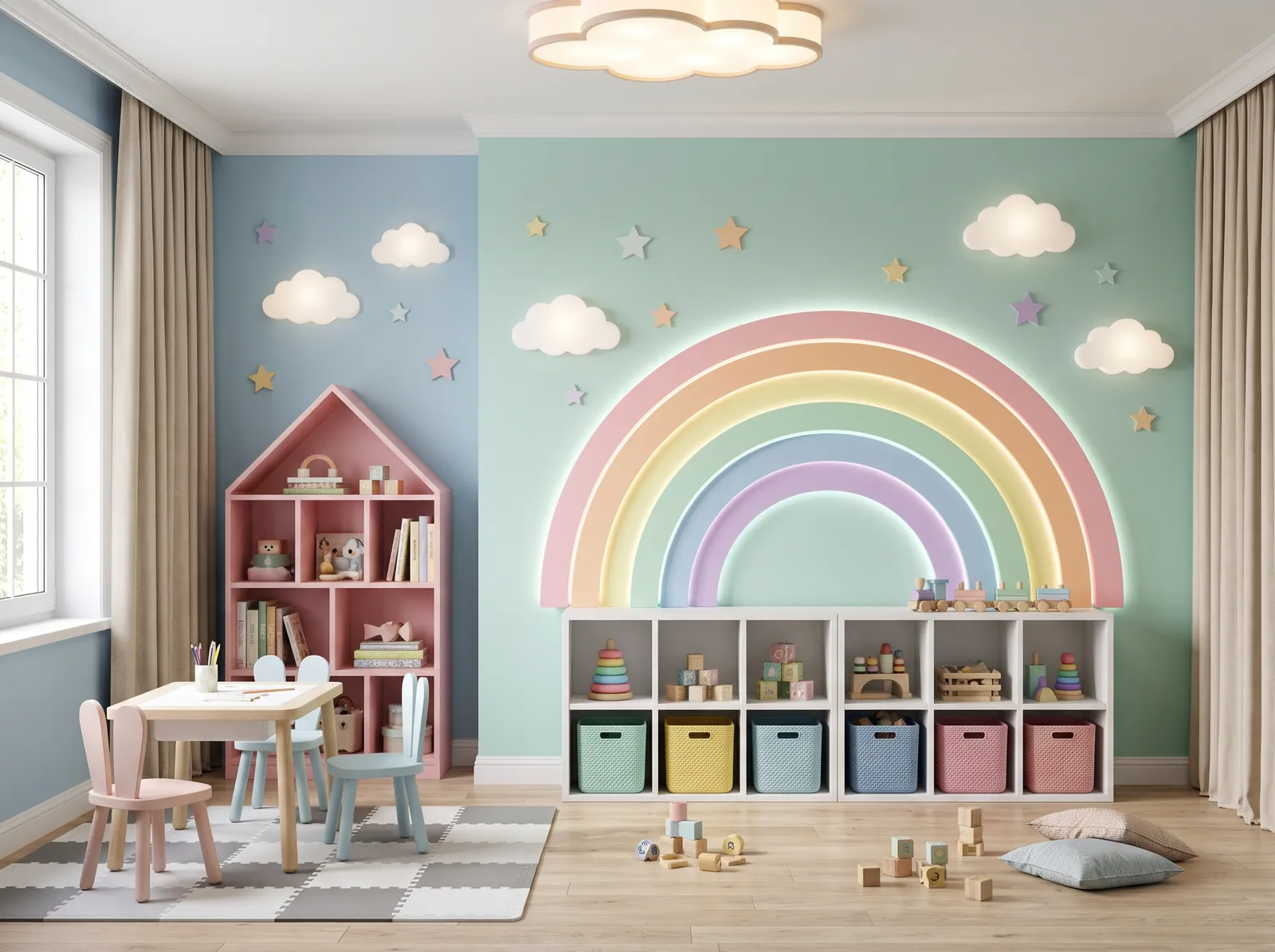 Playroom painted in Dreamcatcher — Mint, Blue and Pink