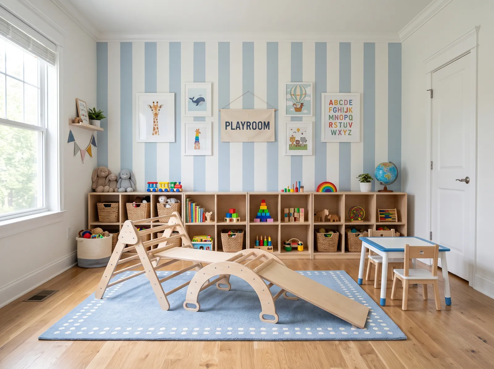 Playroom painted in Calm Tint — Soft Blue Stripes