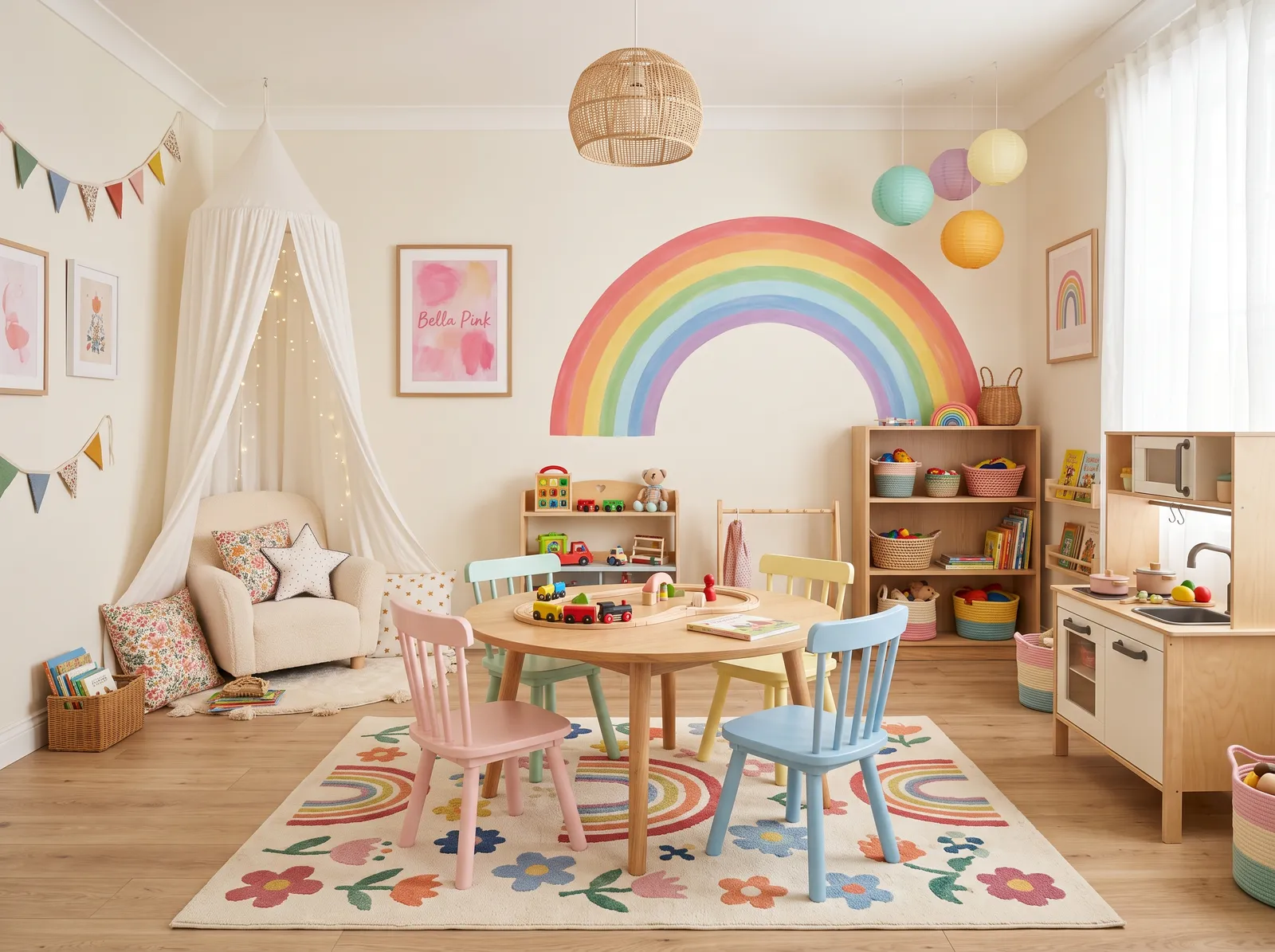 Playroom painted in Westhighland White — Off-White and Pink
