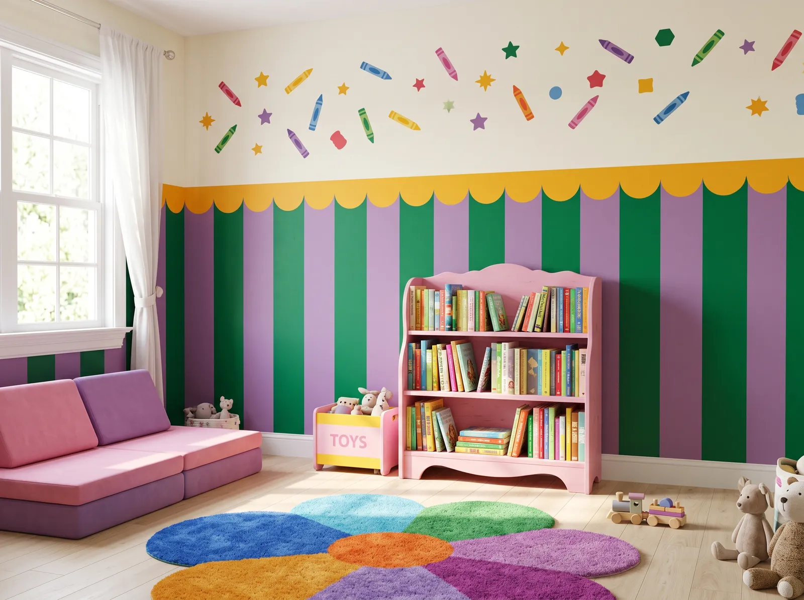 Playroom painted in Linwood Beach White — Purple, Green and Gold