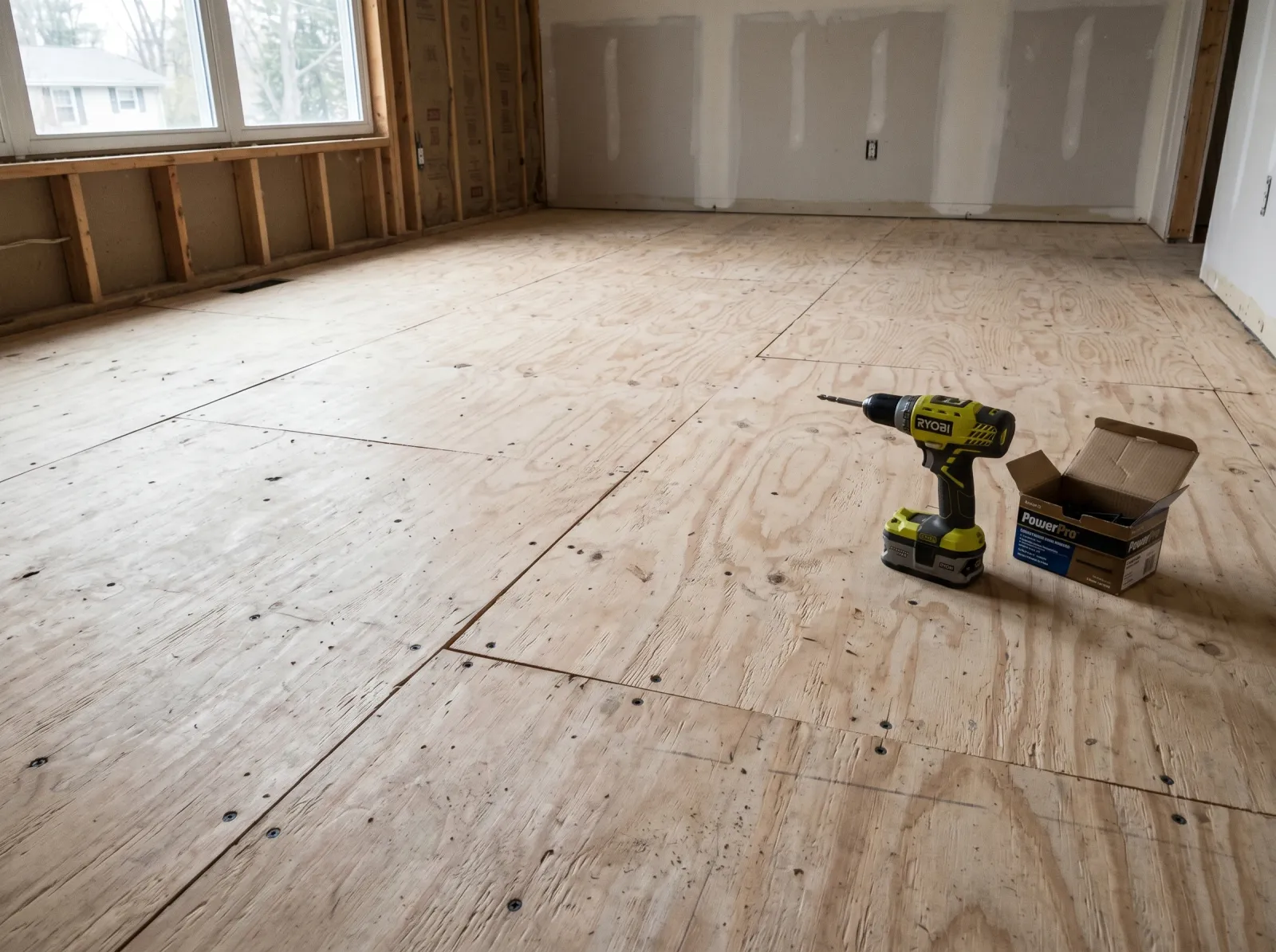 Bare plywood subfloor screwed down flat with visible seams and screw holes