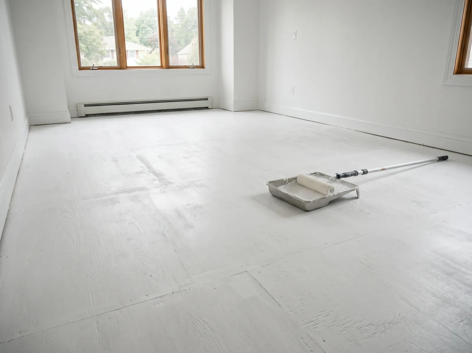 Plywood subfloor primed white with filled seams in an empty room